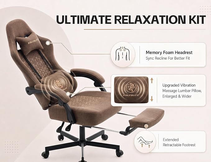 Office Desk Computer Gaming Chair for Adults, Ergonomic High Back Gamer Chair with Massage and Pocket Spring Cushion, Swivel Comfy Video Game Chairs with Footrest and Lumbar Support (Pro Brown)