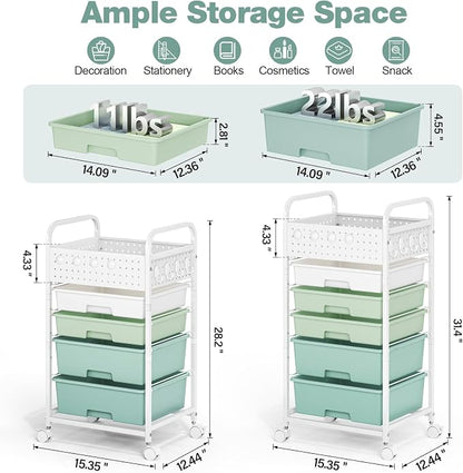 4 Drawer Rolling Storage Cart with Pegboard Top and Hooks, Mobile Organizer Cart with Wheels for Office Supplies, Craft Storage, Classroom Organization, Home Utility Cart, Gradient Green