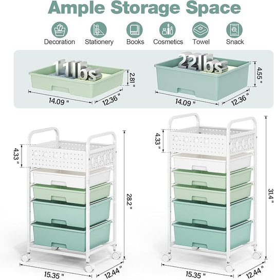 4 Drawer Rolling Storage Cart with Pegboard Top and Hooks, Mobile Organizer Cart with Wheels for Office Supplies, Craft Storage, Classroom Organization, Home Utility Cart, Gradient Green