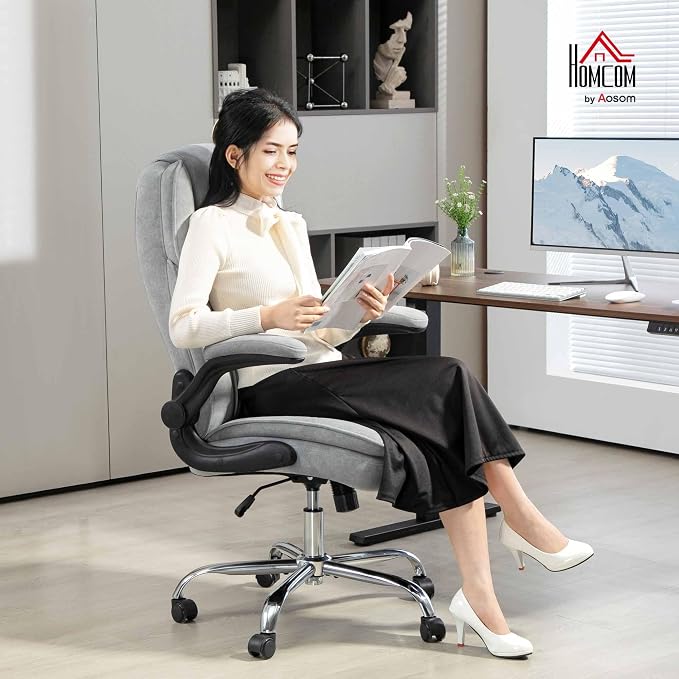 HOMCOM High Back Office Chair, Executive Desk Chair with Swivel Wheels, Flip-up Armrest, Adjustable Height, Modern Diamond Fabric Computer Chair for Home Office, Gray