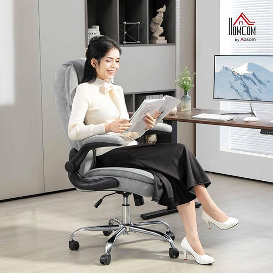 HOMCOM High Back Office Chair, Executive Desk Chair with Swivel Wheels, Flip-up Armrest, Adjustable Height, Modern Diamond Fabric Computer Chair for Home Office, Gray