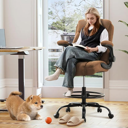 Drafting Chair Tall Office Chair for Standing Desk, Ergonomic Tall Desk Chair with Adjustable Foot Ring, Flip-Up Armrests, Lumbar Support, Comfortable Fabric Seat – Ideal for Home and Office Use