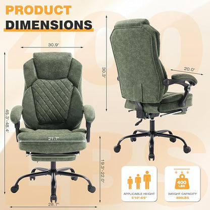 400lbs Reclining Office Desk Chair with Footrest, Mid-Century Modern Plus Size Green Leather Recliner Office Chairs