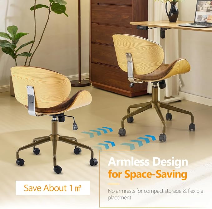 VINGLI Wide Comfotable Swivel Home Office Chair with Wood-Grain Curved Shell,Ergomomic Mid-Back Padded Armless Modern Desk Chair with Wheels,Height Adjustable for Computer,Task,Work,Microfiber,Rustic