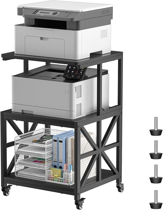 GreenForest Printer Stand with Lockable Wheels, Heavy Duty Printer Table | 3-Tier Storage Shelf, Fit 2-3 Printers/3d/Heat Press/Laser, Rolling Cart for Home Office, Small Spaces, 19.7"x17.7", Black