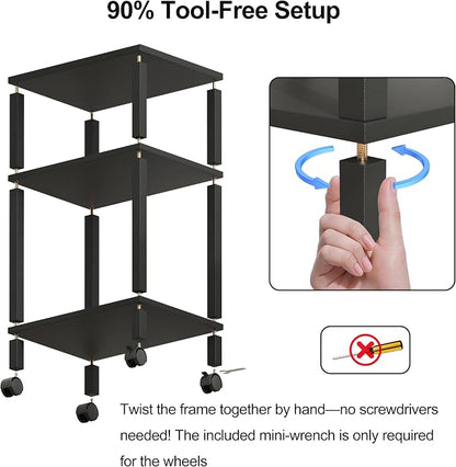 3-Tier Printer Stand with Storage, Mobile Printer Cart with Rolling Casters and Adjustable Feet, Under Desk Storage Shelf for Home Office, Small Printers,Black, 15.7" x 11.8" x 25.9"