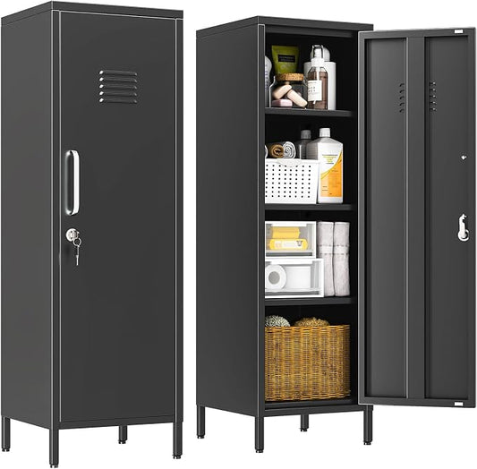 erosoei 47.24" H Metal Locker Storage Cabinet, Office Locker with 3 Adjustable Shelves, Steel Cabinet with 1 Door, High Legs Organizer for Home Office, Kitchen, Living Room, Bedroom and Bathroom