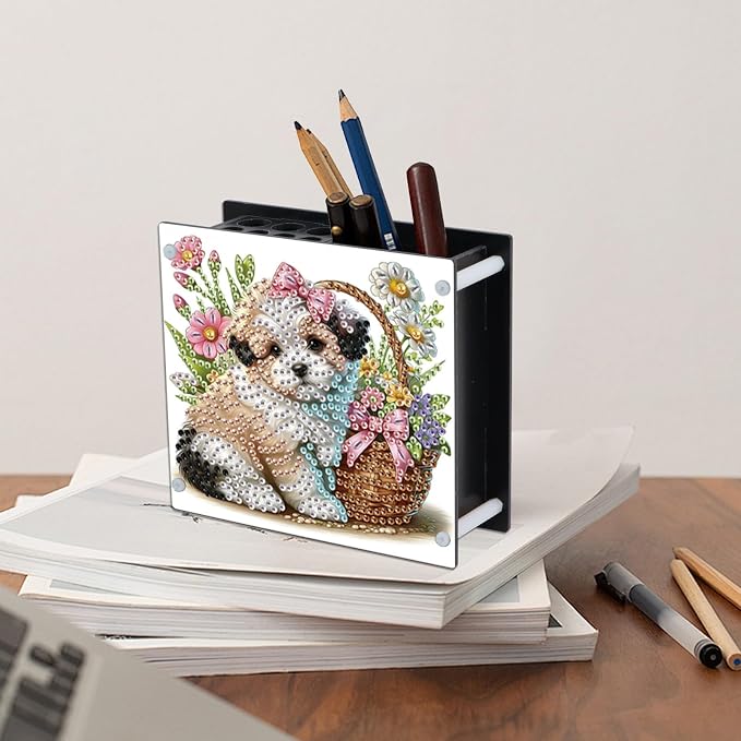 DIY Diamond Painting Kit，Cute Dog Special Shape diamond painting pen holder, Acrylic Daily Office Desktop Decoration Storage Item