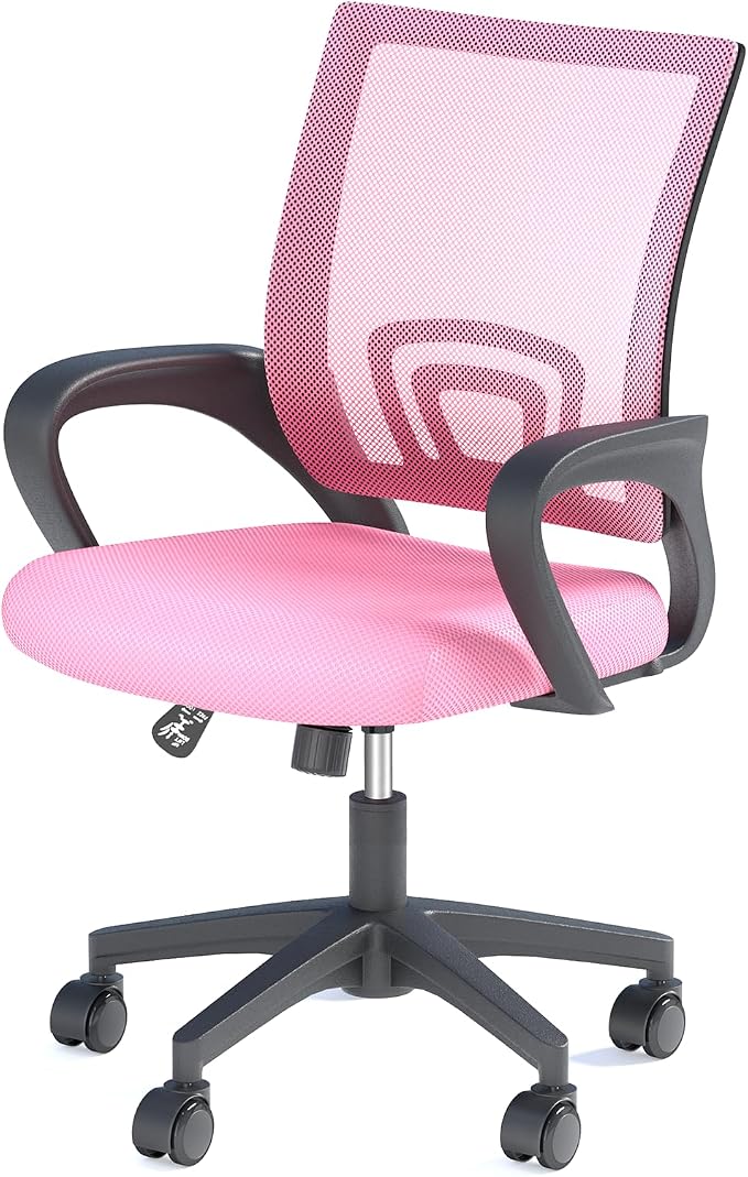 Office Chair, Ergonomic Mid-Back Mesh Desk Chair with Lumbar Support, Adjustable Height Computer Chair with Rolling Wheels Design,Comfy Armrest for Work, Study, Gaming, Pink