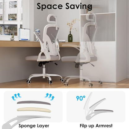 Farini Ergonomic Office Chair, Home Office Desk Chair with Headrest, High Back Swivel Computer Chair with Armrests and Adjustable Lumbar Support for Home Office Study Room, White & Grey