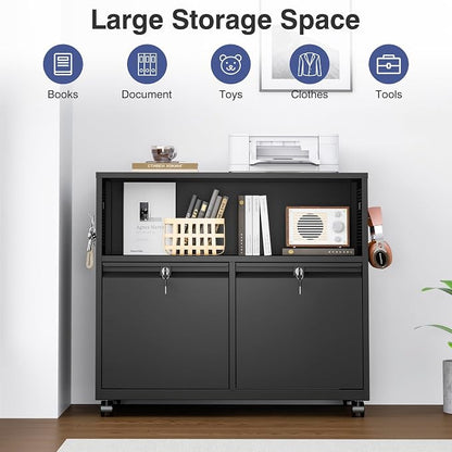 Metal File Cabinet,2 Drawer Filing Cabinet with Lock,Rolling Printer Stand Storage Cabinets with Shelves for Home Office Letter/Legal/A4 Size Files(Black)
