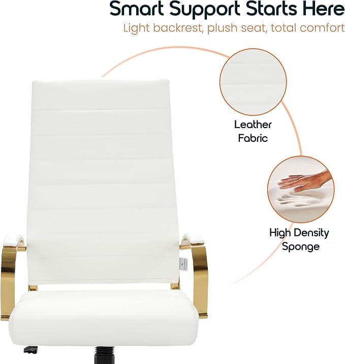 LeisureMod Modern High-Back Leather Office Chair - Swivel & Adjustable Executive Desk Chair with Gold Frame, Ergonomic Design for Home & Office (White, Set of 6)