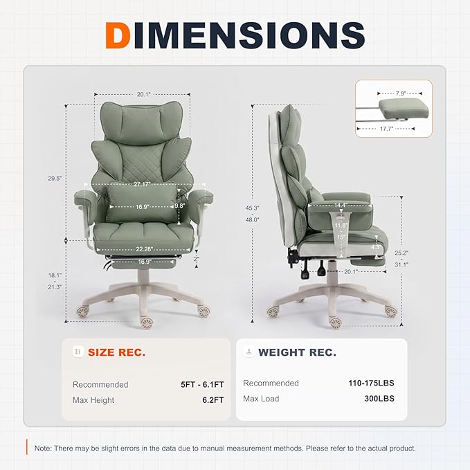 Dowinx Big and Tall Office Chair with Pocket Springs Cushion,High Back Computer Gaming Chairs with Adjustable Armrests,Executive Desk Chairs with Lumbar Support and Footrest,PU Leather-Green