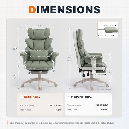 Dowinx Big and Tall Office Chair with Pocket Springs Cushion,High Back Computer Gaming Chairs with Adjustable Armrests,Executive Desk Chairs with Lumbar Support and Footrest,PU Leather-Green