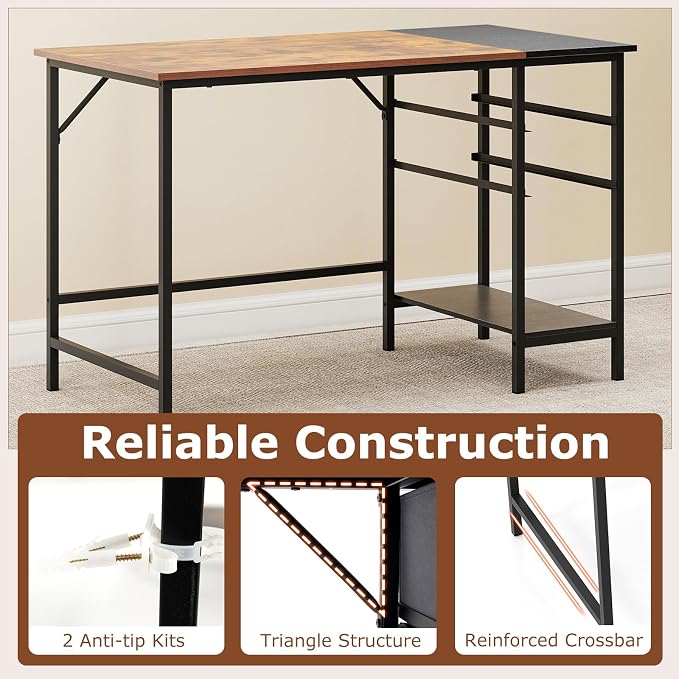 Giantex 48" Computer Desk with 2 Fabric Drawers, Industrial Home Office Desk with Open Storage Shelf, 2-Toned Finish & Metal Frame, Gaming Study Writing Table for Small Space, Bedroom, Rustic Brown