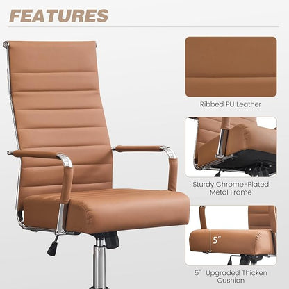 Office Desk Chair,Conference Room Chairs with Wheels and Arms, Modern PU Leather Ergonomic High Back Executive Ribbed Height Adjustable Swivel Chair for Home Office (Brown)
