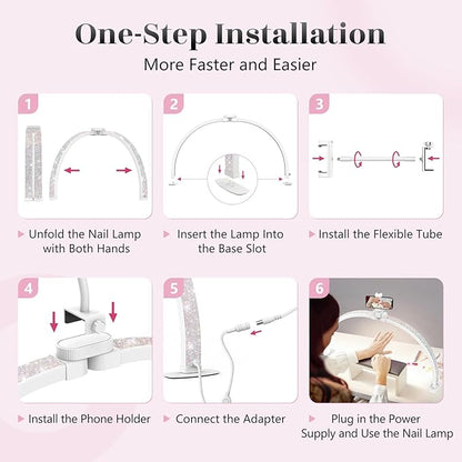 Yokilly Half Moon Light for Nail Desk: 23" Foldable Half Moon Desk Lamp with Phone Holder for Beginner - Arch Nail Tech Light with 3 Color Modes & 10 Brightness for Manicure Salon (Diamond, Small)