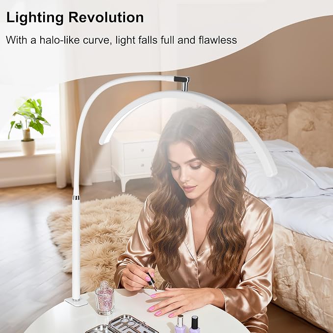 Professional Half Moon LED Desk Light for Nail Techs & Artists – Flexible Gooseneck Arch Table Lamp with Clamp, 5 Color Modes & 5 Brightness Levels for Manicure, Tattoo, Beauty Work