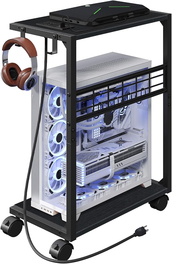 PC Stand, Computer Tower Stand with Charging Station, 16.9" W x 11.4" D x 27.6" H, Computer Cart with Wheels and Hooks, CPU Holder for Carpet, Floor and Under Desk, Easy Assembly, Black