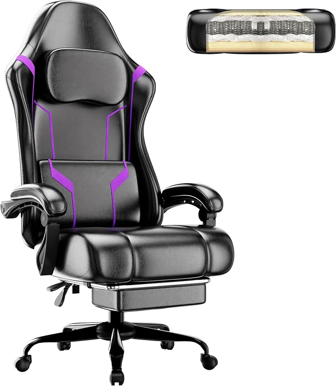Gaming Chair, Computer Chair with Footrest and Lumbar Support, Ergonomic Video Game Chair with Headrest, Height Adjustable Gamer Chair Office Desk Chair, Purple