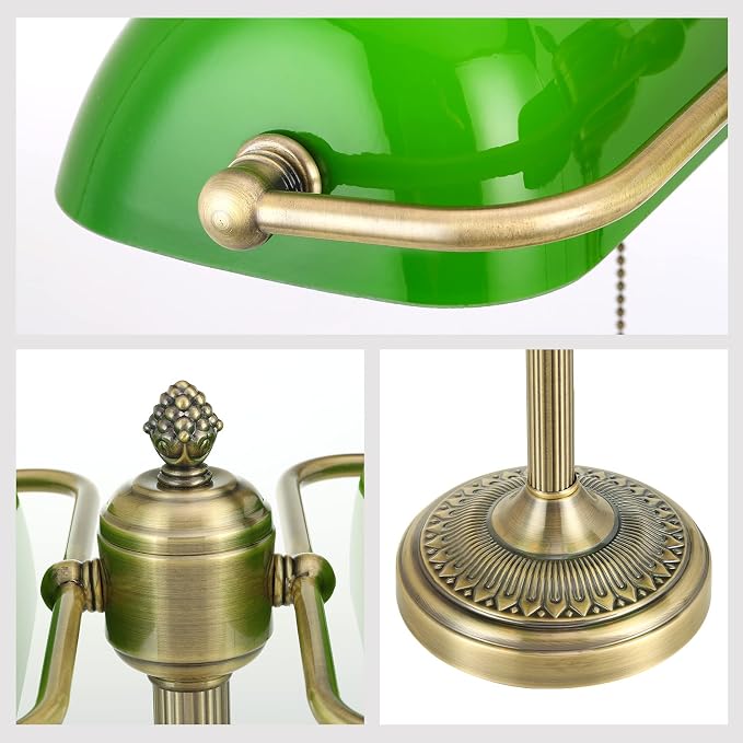 Green Double Head Glass Bankers Desk Lamp,Plug in | Pull Chain Switch Fixture for Library Office Cafe