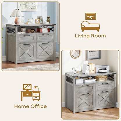 Vabches Farmhouse 4 Drawer File Cabinet with Open Storage Shelf, Lateral Filing Cabinet Fits Letter/A4/ Size, Home Office Filing Organizer, Document Storage Printer Stand for Office and Home. Grey