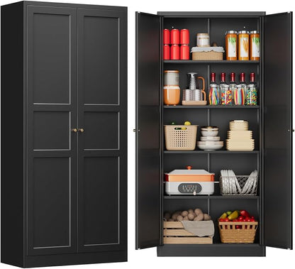 71" Tall Kitchen Pantry Storage Cabinet with 2 Doors and 5 Adjustable Shelve, Metal Black Food Pantry Cabinet, Kitchen Cabinet Storage Unit,6 Tier Freestanding Cupboard for Kitchen Dining/Living Room