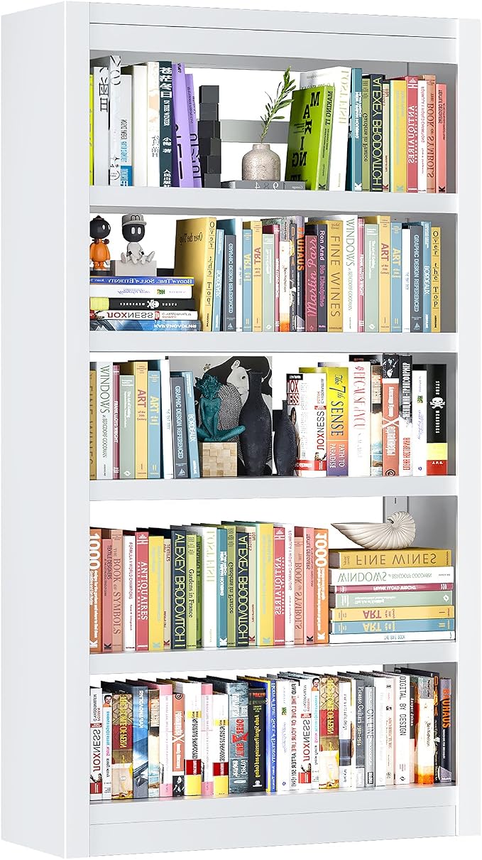 5 Tier White Bookshelf, 61" H Adjustable Bookshelf with Large Capacity, Suitable for Modern Storage Shelves in Living Rooms, Homes Offices, Garage, Sturdy Metal Bookshelf for Organizing