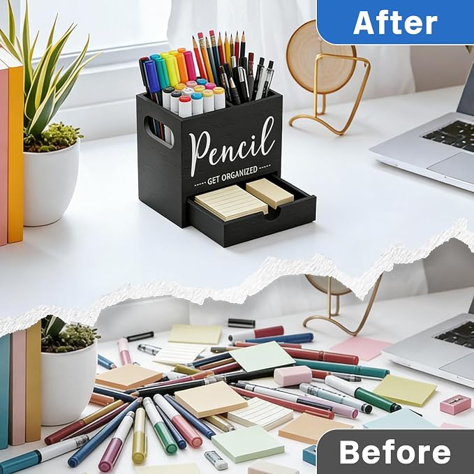 Pencil Pen Holder for Desk, Wooden Marker Holder with Drawer, 2 Slots Dual-Purpose Desk Organizers Art Supplies for Home, Office (Black)