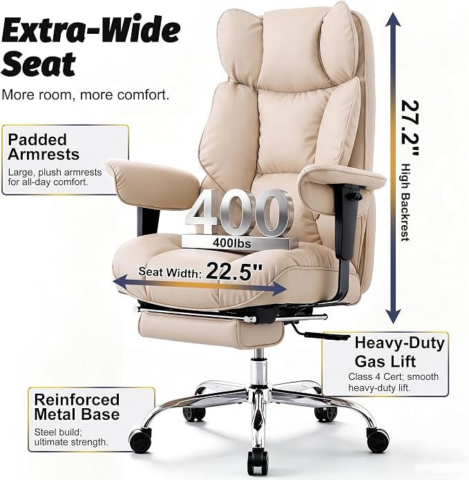 Efomao Executive Office Chair 400lbs,Beige Big and Tall Desk Chair | Mattress-grade pocket spring cushion, sleek leather, 135° recline & footrest for computer gaming setup.
