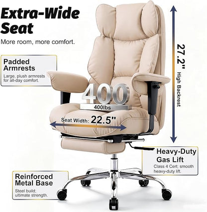 Efomao Executive Office Chair 400lbs,Beige Big and Tall Desk Chair | Mattress-grade pocket spring cushion, sleek leather, 135° recline & footrest for computer gaming setup.