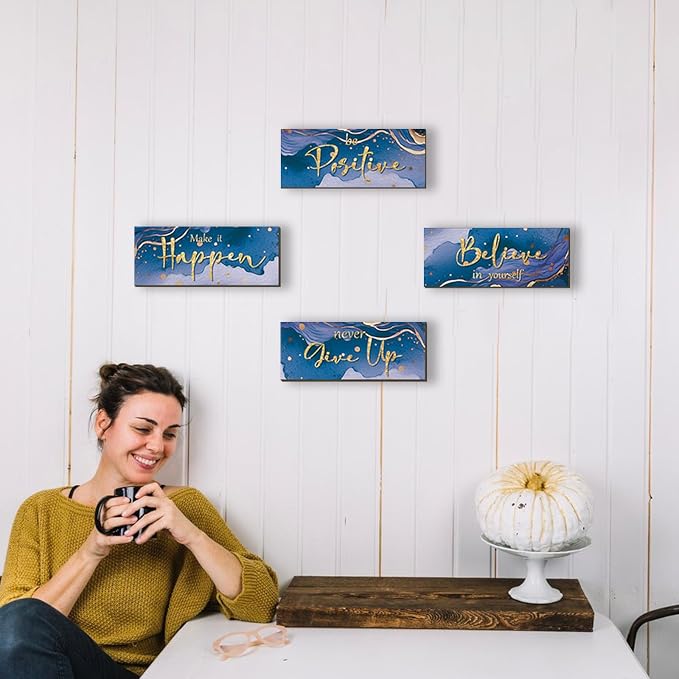 FENCORDAR 4 Piece Blue and Gold Wall Decor Set Motivational Wall Decor Inspirational Wooden Signs for Bedroom Bathroom Women’s Office Abstract Elegant Art for Home or Office Decoration 10X4 Inches