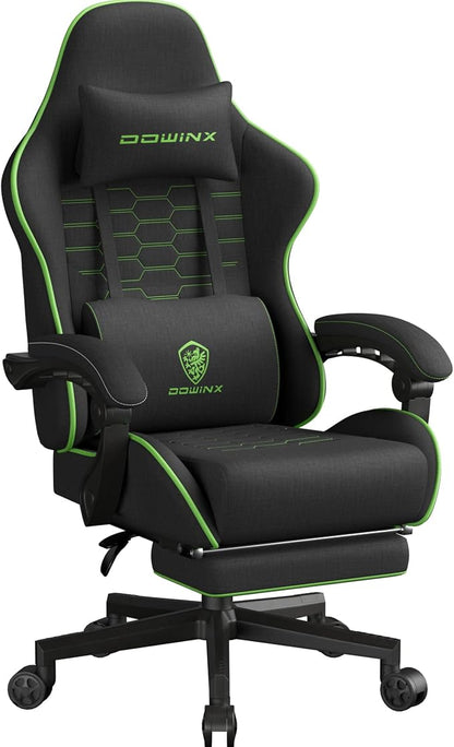 Dowinx Gaming Chair Fabric Big and Tall with Pocket Spring Cushion, Massage Game Chair Cloth with Headrest, Ergonomic Computer Chair with Footrest 350LBS, Black Green