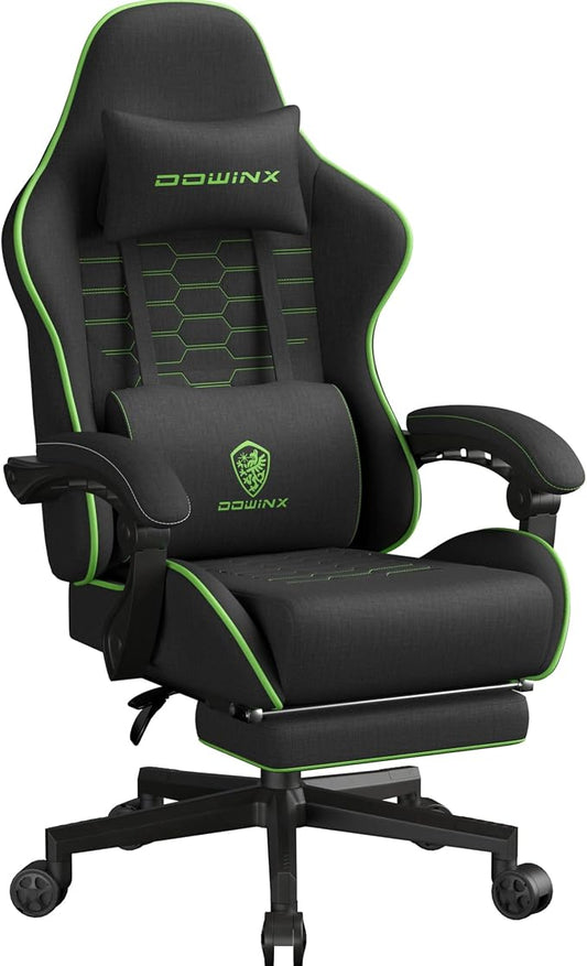 Dowinx Gaming Chair Fabric Big and Tall with Pocket Spring Cushion, Massage Game Chair Cloth with Headrest, Ergonomic Computer Chair with Footrest 350LBS, Black Green