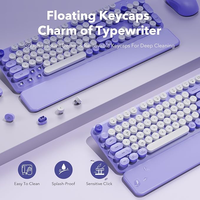 Wireless Keyboard and Mouse Combo, Full-Size Retro Typewriter Keyboard with Round Keycaps, Detachable Magnetic Wrist Rest, Tilt Legs, 2.4GHz Cordless for Mac, Windows PC, Laptop, SABLUTE CK23, Purple