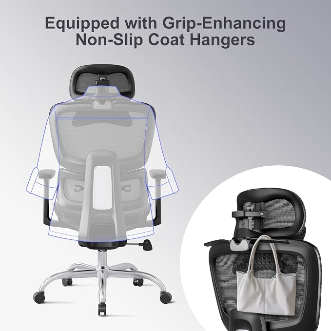 Ergonomic Office Chair with 3D Headrest, Computer Chair with Adjustable Backrest & 3D Armrest, Gaming Chair with Adaptive Lumbar Support, Mesh Backrest & Cushion, Black