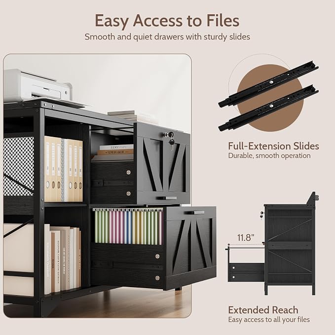 44" File Cabinet, Lateral Filing Cabinet for Home Office with 2 Drawers, Office Storage Cabinet with Lock and Key, Wooden Printer Stand with 4 Storage Shelves and Power Outlet, Office Furniture, Black