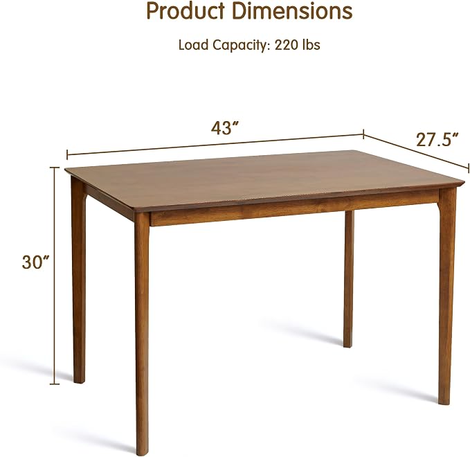 Small Dining Table for 4-6 People, 43 Inch Rectangular Solid Wood Kitchen Table for Small Space, Easy Assembly, Dining Room Table for Home, Apartment, Office, Walnut