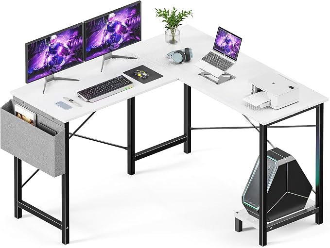 Sweetcrispy L Shaped Desk Computer Gaming Corner Table PC Workstation with CPU Stand Side Bag for Home Office Dorm Sturdy Writing Setup Furniture White 50 Inch Desk