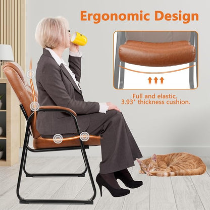 CLATINA Big Tall 500 LBS Wide Guest Chair Heavy Duty, Leather Side Reception Chairs with Sled Base and Armrest, Executive Office Desk Chair No Wheels for Meeting Conference Waiting Room Home, Brown