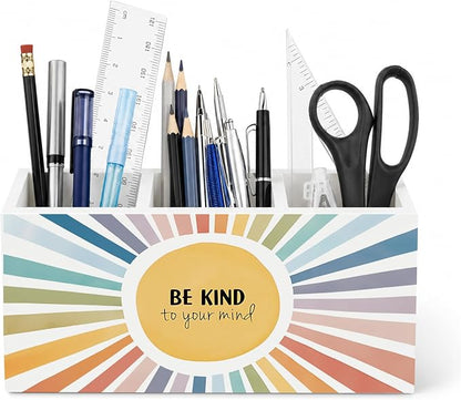 Boho Sunshine Mental Health Pen Holder for Desk, Inspirational Be Kind to Your Mind Wooden Box Sign Desk Decor for Classroom Home Office Decoration, Colorful Sun Pencil Organizer