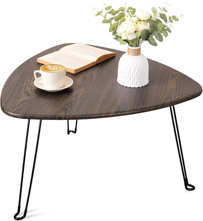 Folding Coffee Tables for Small Spaces Foldable Industrial Sofa Center Table Triangle Design Wood Framed Coffee Table Mid Century Rustic Brown Floor Desk for Living Room Balcony