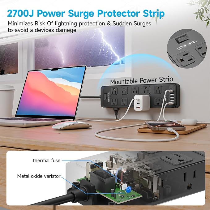 20AC Power Strip with USB Ports, Heavy Duty Surge Protector Power Strip 15 Amp, 6Ft Extension Cord with Multiple Outlets