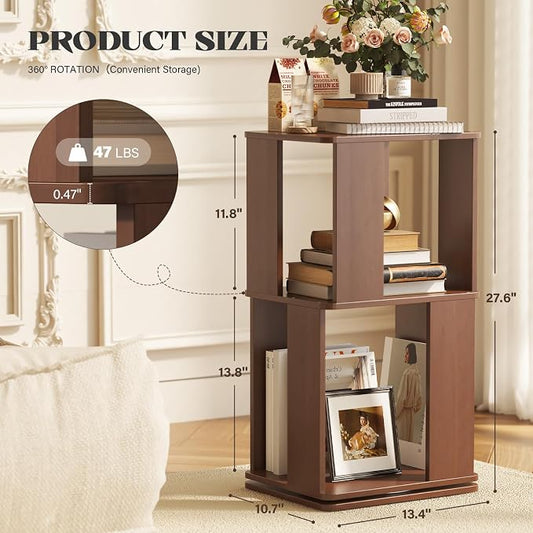 Easyego 2 Tier Solid Wood Rotating Bookshelf, 360° Upgrade Spinning Book Shelf, Revolving Bookcase Organizer, Swivel Bookshelves for Small Spaces, Corner, Bedroom, Kids Room, Office (Walnut)