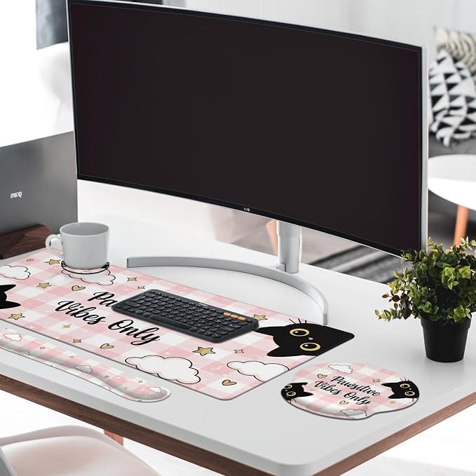 Britimes Pink Cat Kawaii Keyboard Mouse Pad Set Cloud Gingham 4in1 Large Mousepad+Keyboard Wrist Rest+Mouse Wrist Rest+Coaster Ergonomic Design for Home Office Computer 35.4x15.7 inches