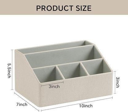 Desk Organizer Caddy with 5 Compartments for Office Art Supplies, PU Leather Nightstand Organizer Pencil Pen Desk Caddy for Home, Desktop TV Remote Control Holder Storage (Linen)