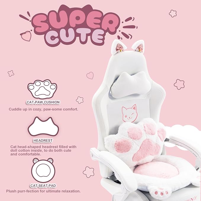 Dowinx Gaming Chair with Cat Ears and Massage Lumbar Support, Ergonomic Computer Chair with Footrest and Headrest, Comfortable Reclining Game Chair 290lbs for Adults, White