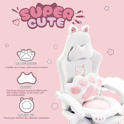 Dowinx Gaming Chair with Cat Ears and Massage Lumbar Support, Ergonomic Computer Chair with Footrest and Headrest, Comfortable Reclining Game Chair 290lbs for Adults, White