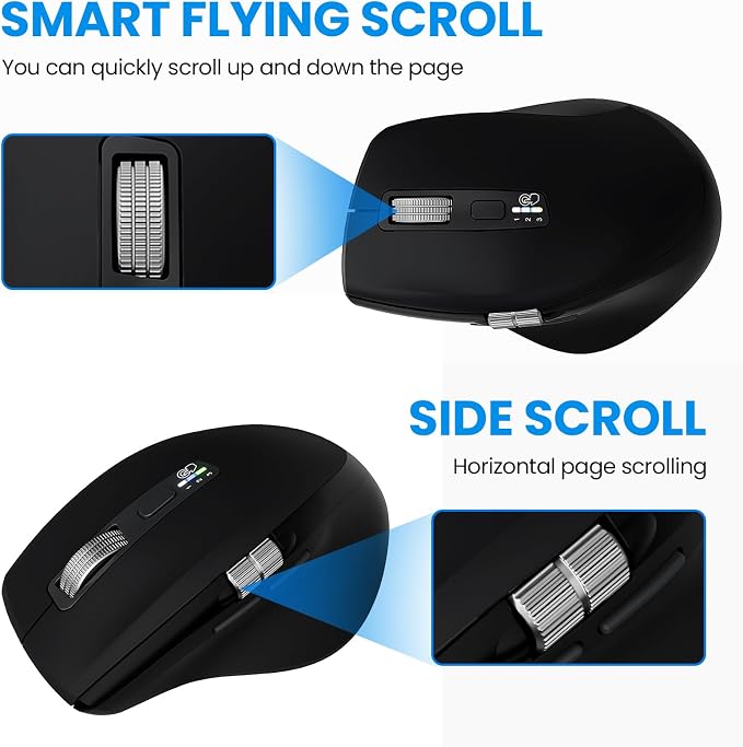 INFINMIND Wireless Bluetooth Side Scroll Mouse with Multi-Device, Ergonomic Computer Mice with Smart Flying Scroll, Quiet Click 4-Level DPI for Computer, Laptop, iPad, Tablet, MacBook (Black)