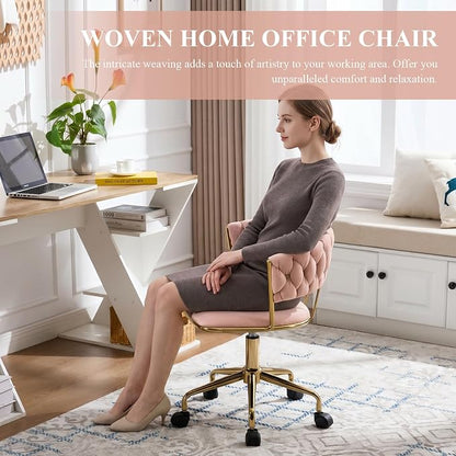 NIOIIKIT Home Office Chair, Velvet Upholstered Task Chair with Woven Open Back, 360° Swivel Desk Chair with Wheels, Adjustable Vanity Chair, Computer Chair for Office, Studio (Pink)